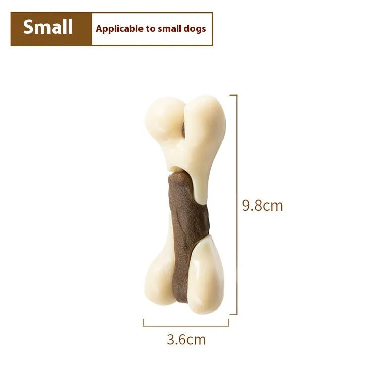 Durable dog bone grinding chew toy made from brown cowhide and nylon in small and large sizes.