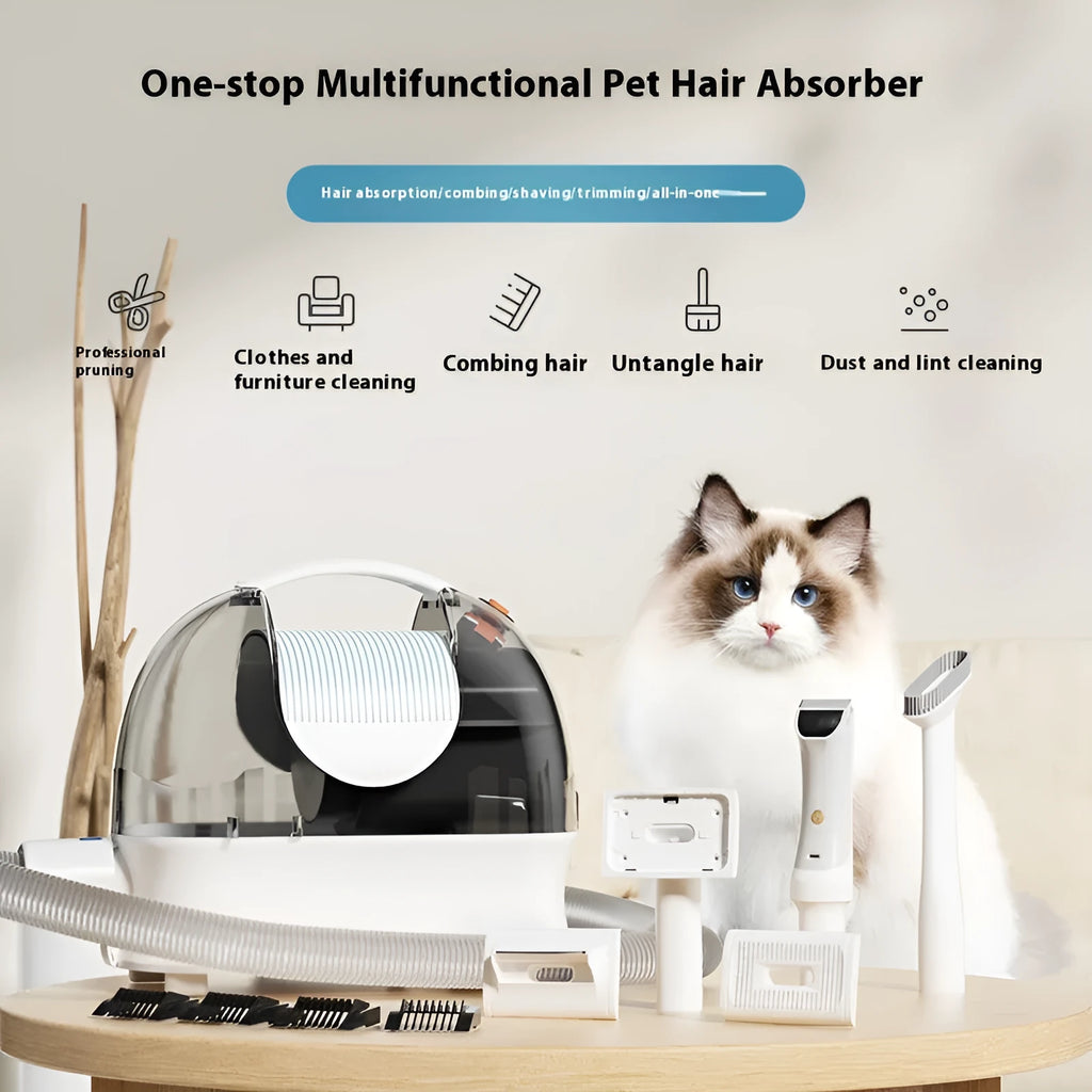 Pink and white multifunctional vacuum cleaner with pet grooming attachments including electric shear