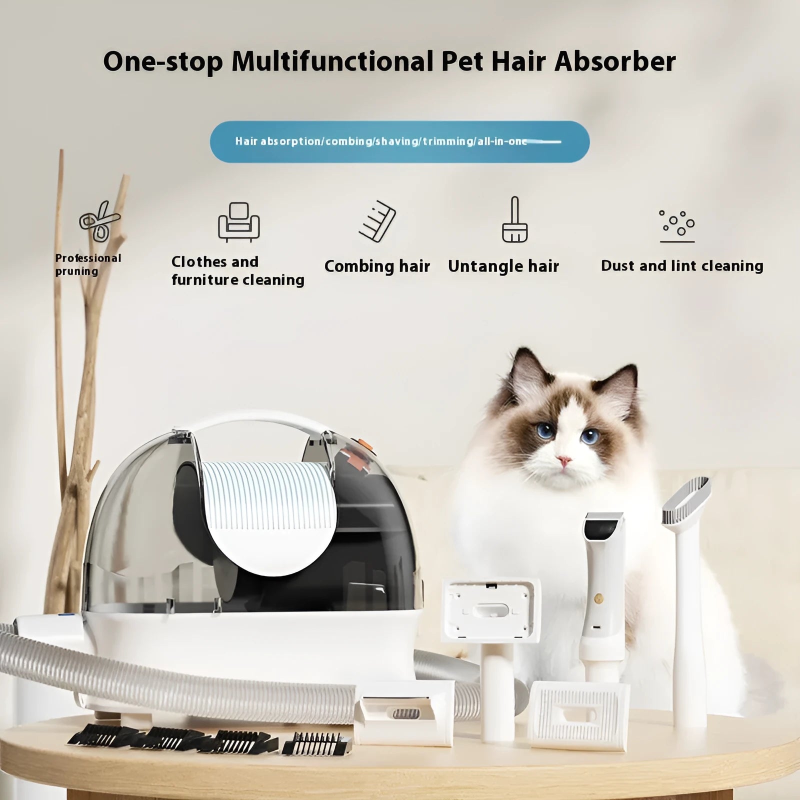 Pink and white multifunctional vacuum cleaner with pet grooming attachments including electric shear