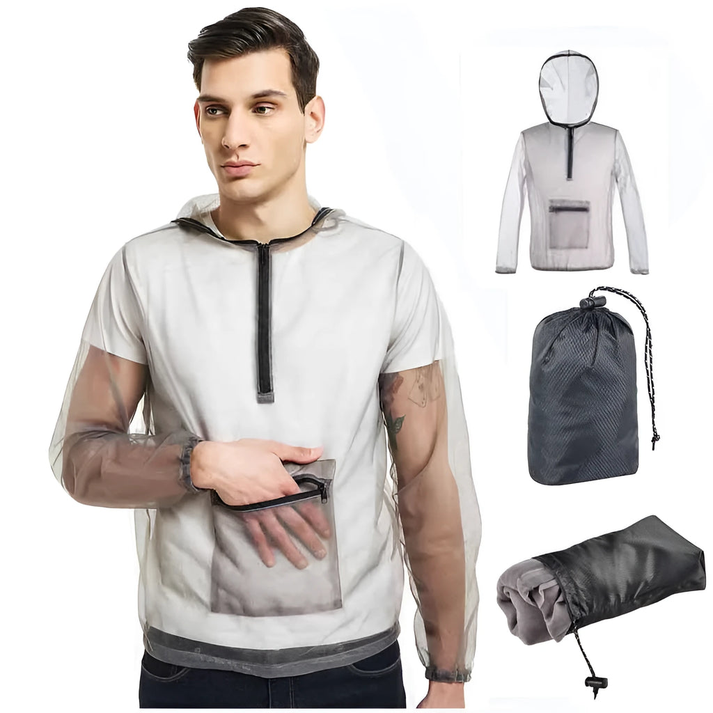 Grey breathable mesh insect bite jacket for outdoor camping and hiking, front view