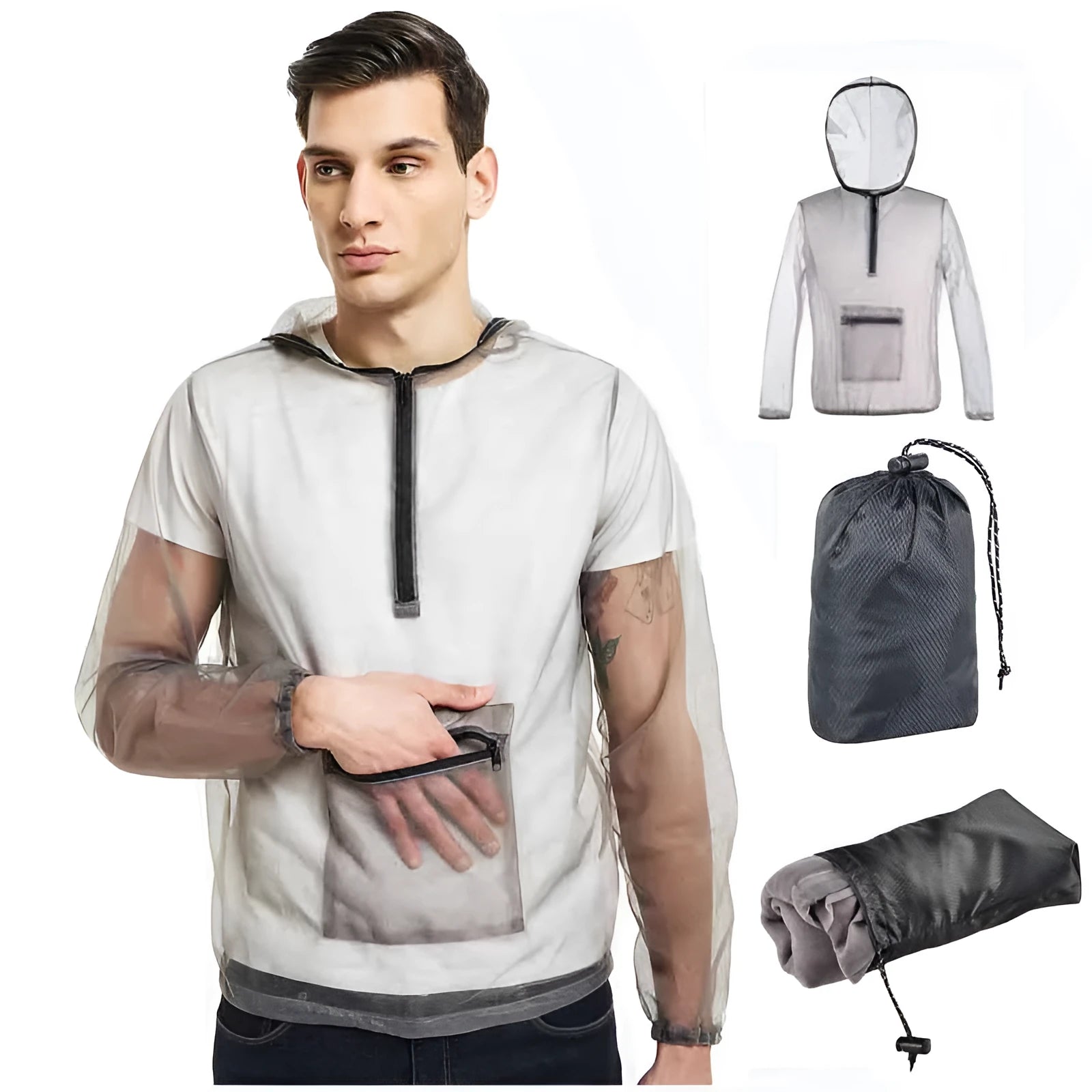 Grey breathable mesh insect bite jacket for outdoor camping and hiking, front view