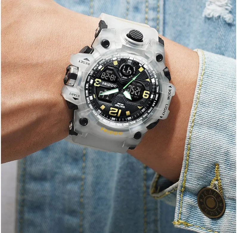 Electronic sports watch with dual analogue and digital display on plastic strap