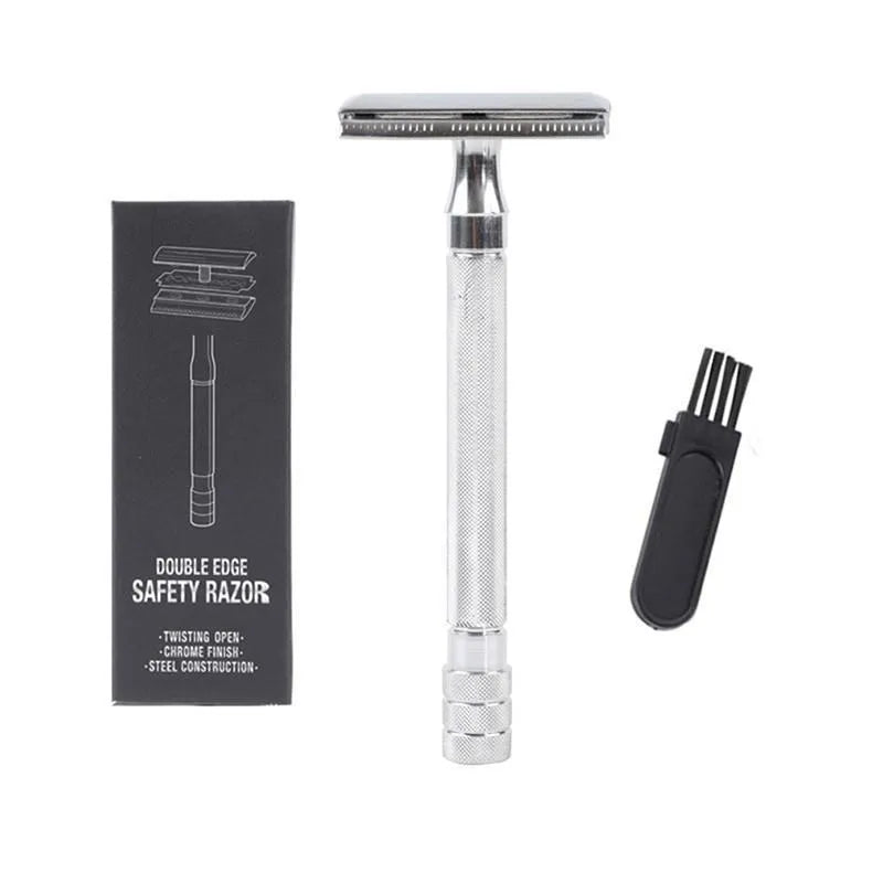 Traditional manual shaving set with safety razor, natural bristle brush and metal scraper tool