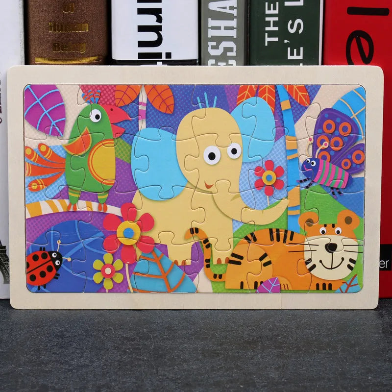 80-piece wooden animal puzzle set in iron box, designed for children aged 3 and over, featuring bear and riding themes