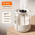 Beige round USB humidifier with dual spray nozzles, humidity display, and gear controls