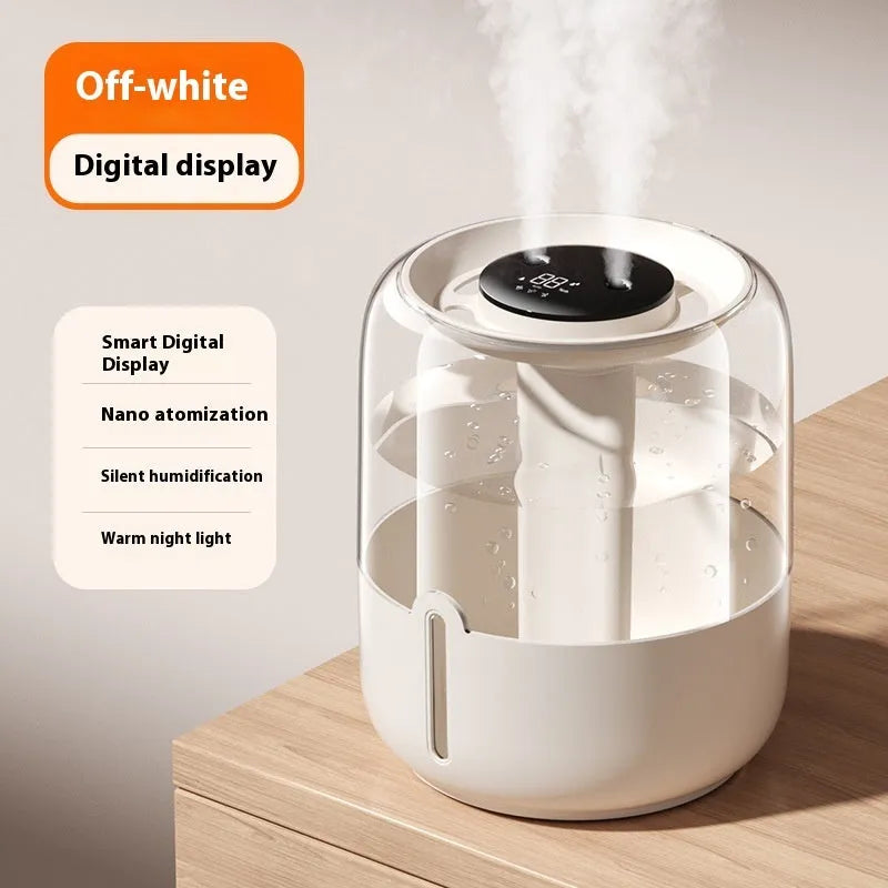 Beige round USB humidifier with dual spray nozzles, humidity display, and gear controls