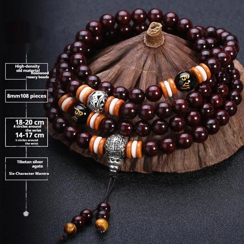 Men's rosewood bead bracelet with 108 beads, shown in a choice of lapis lazuli, turquoise, or red agate styles.