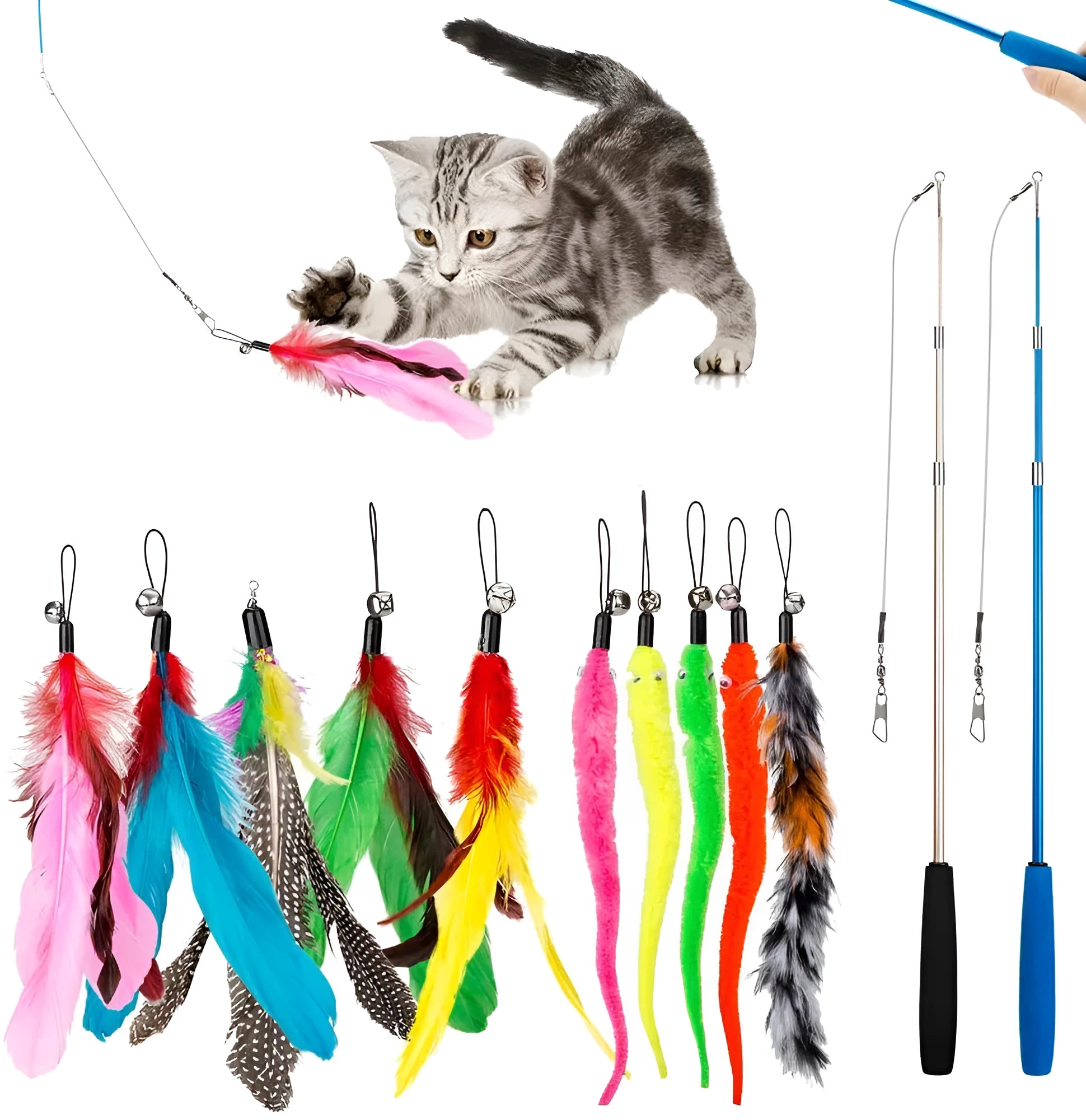 Cat teaser fishing rod set with two poles and ten feather replacement heads