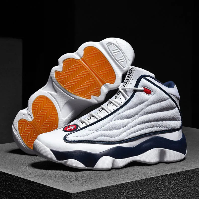 Men's high-top basketball shoes with mesh upper and thick rubber sole in AJ13 colour options.