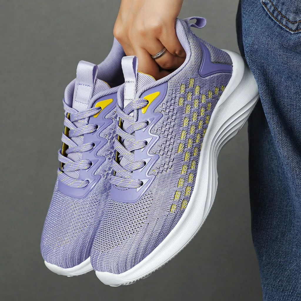 Women's lavender purple mesh running shoes with striped pattern and EVA sole for jogging