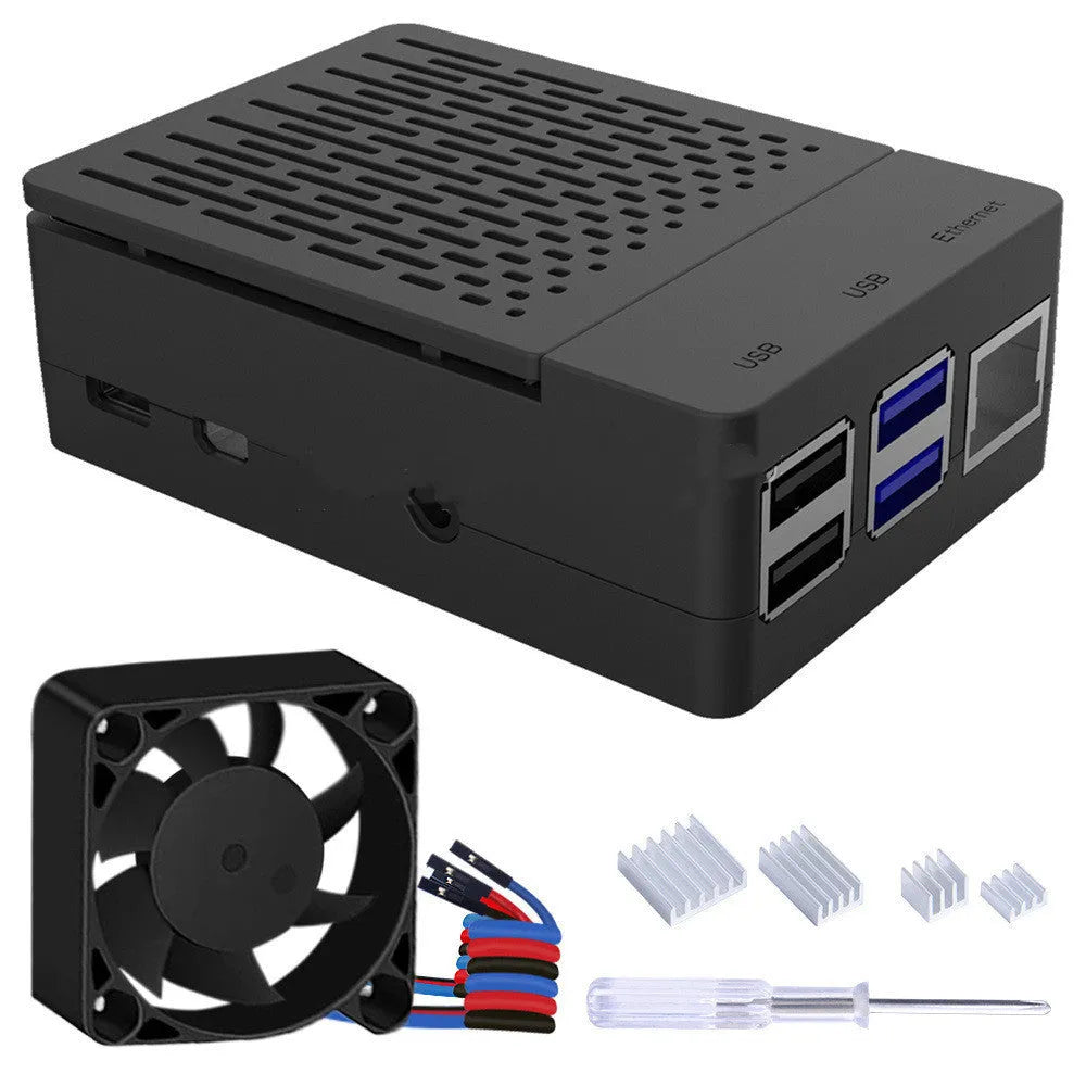 Black ABS plastic protective case for Raspberry Pi 4 with fan support and ventilation slots