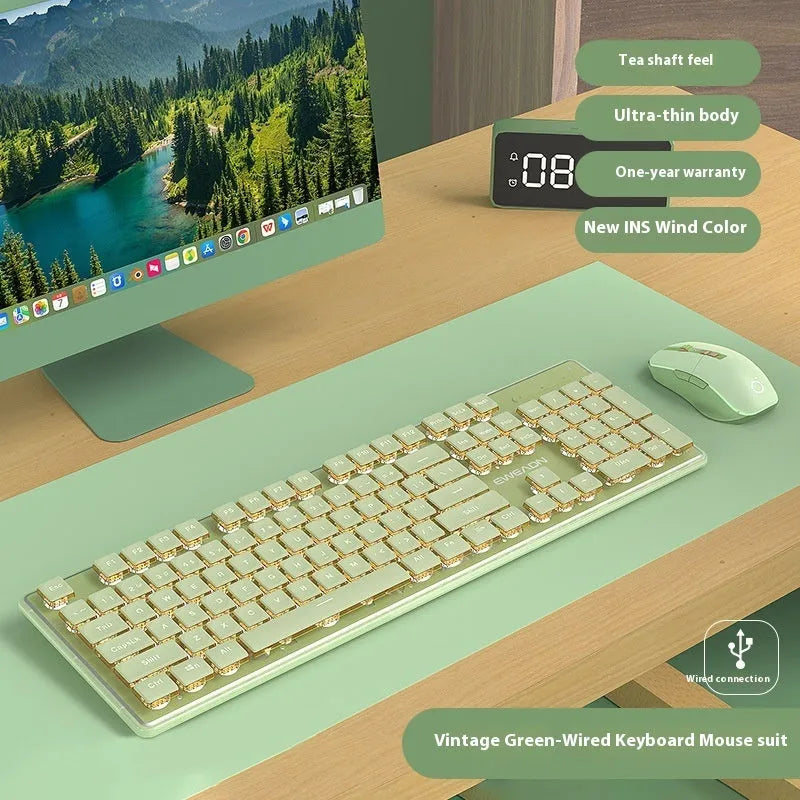 Prewalker V3 wired keyboard and mouse suit in retro green colour on desktop