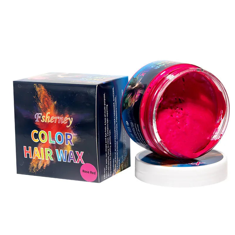 120g jar of hair styling clay showing colour options: blue, green, orange, red, white, yellow, purple, rose, granny grey.