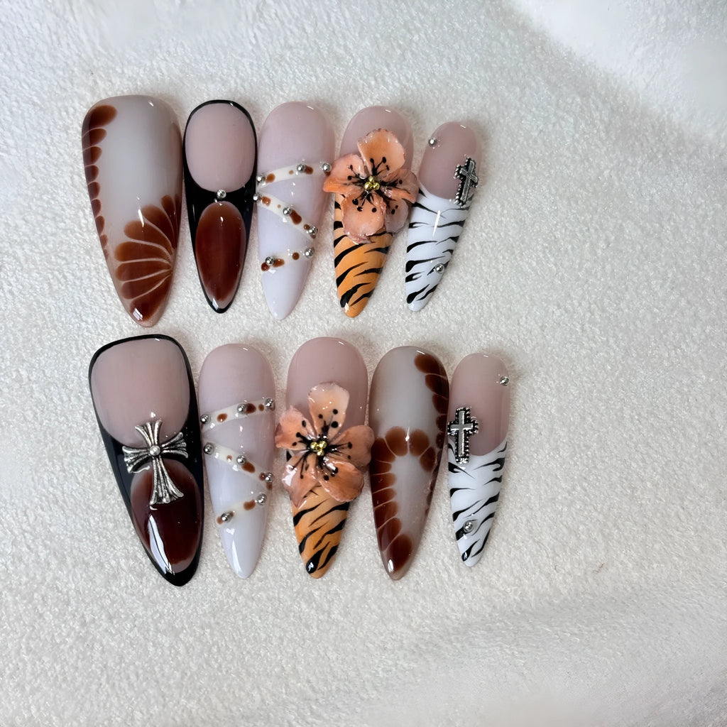 French-style leopard print nail stickers with cross and flower designs in 10-piece pack