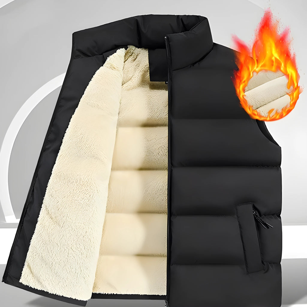 Men's striped lambswool vest in black, shown on a hanger, for autumn and winter wear