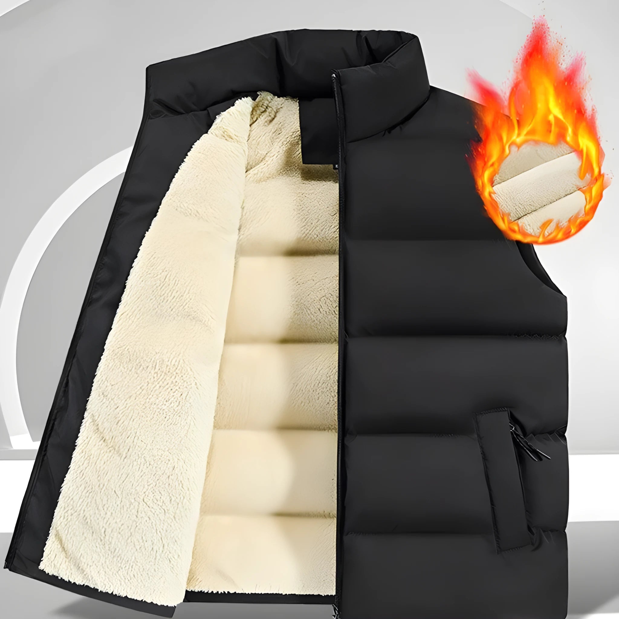 Men's striped lambswool vest in black, shown on a hanger, for autumn and winter wear