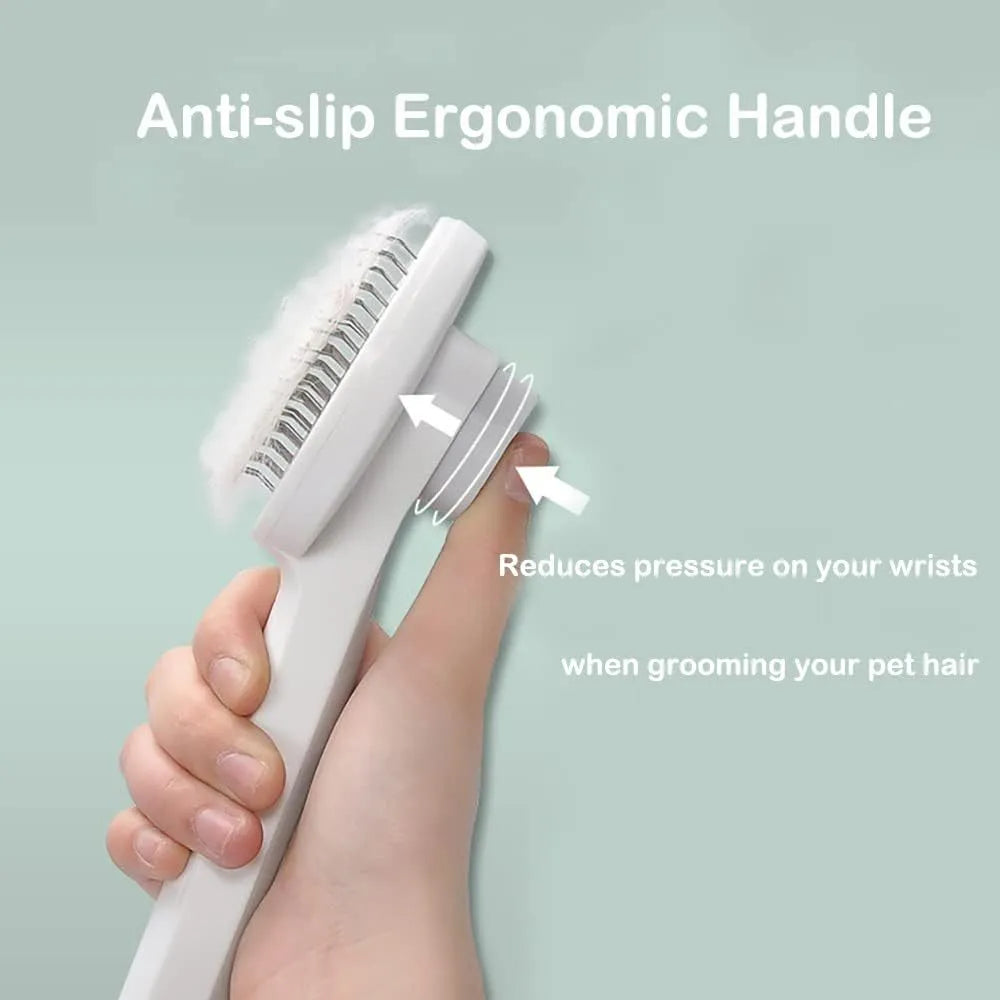 Blue self-cleaning cat brush with rubber-tipped needles and ergonomic handle for pet grooming