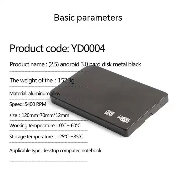 Silver metal external solid state drive with USB cable and cover next to packaging.