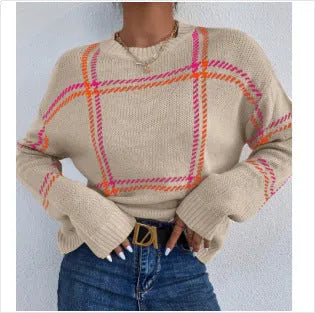 Women's casual plaid colour-block crew neck acrylic sweater with apricot, black, beige, red and green stripes