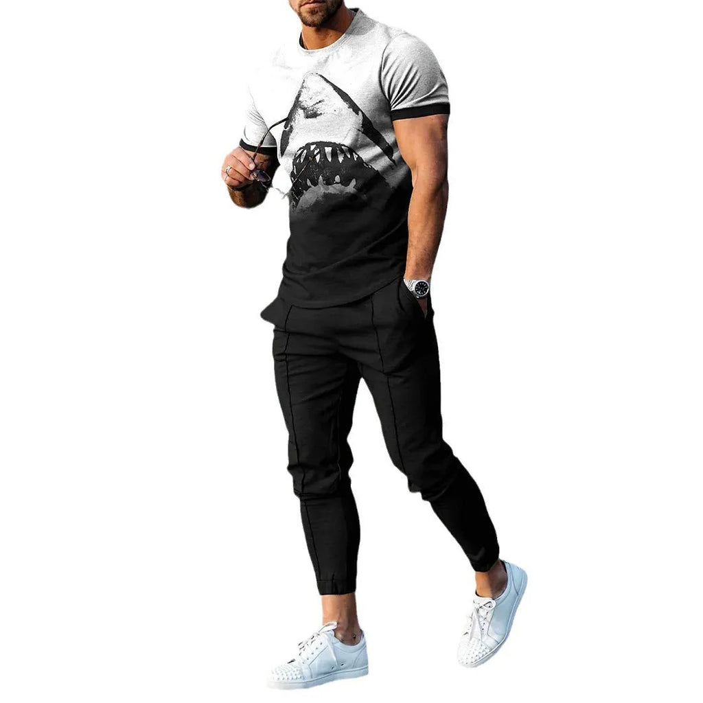 Men's short sleeve printed top and trouser sport suit set in polyester blend fabric.