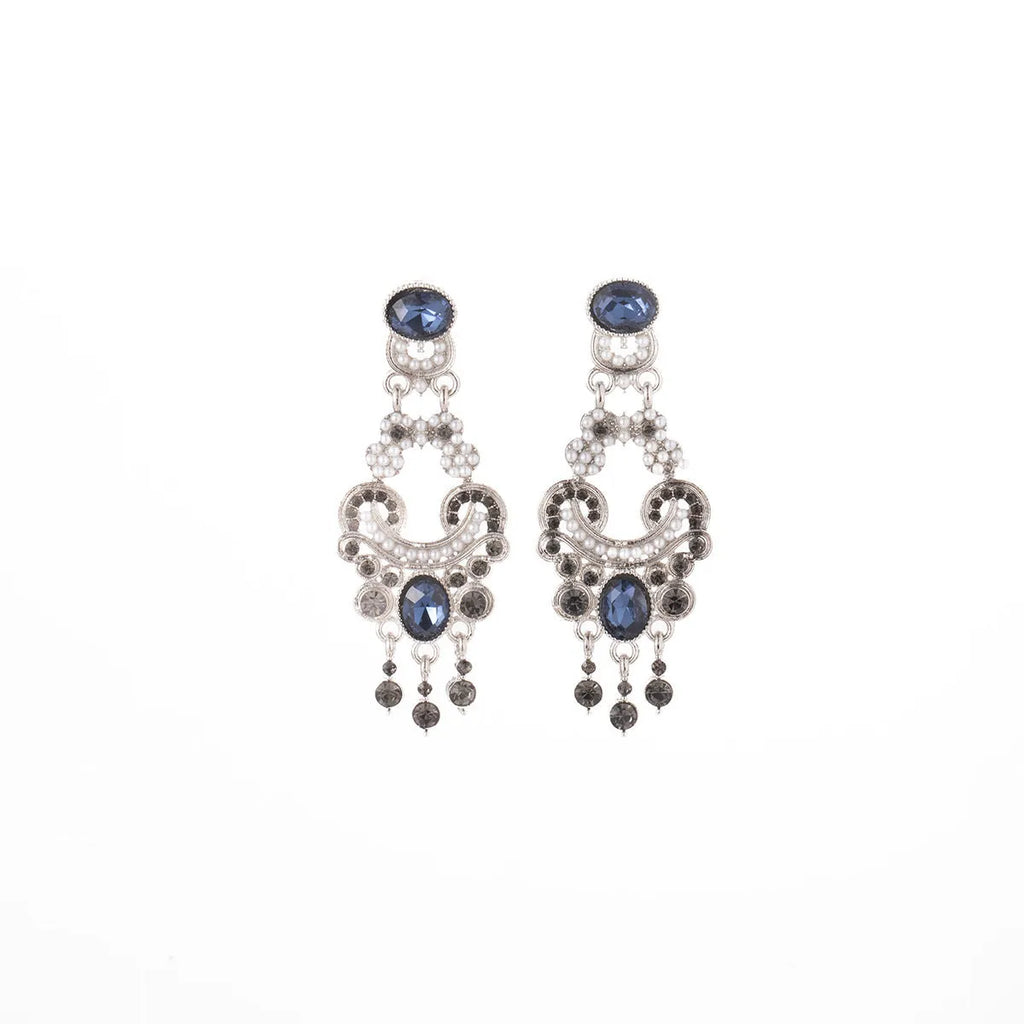 Vintage court style earrings with atmospheric blue crystal and chamfered square grain geometric shape in E7744 colour