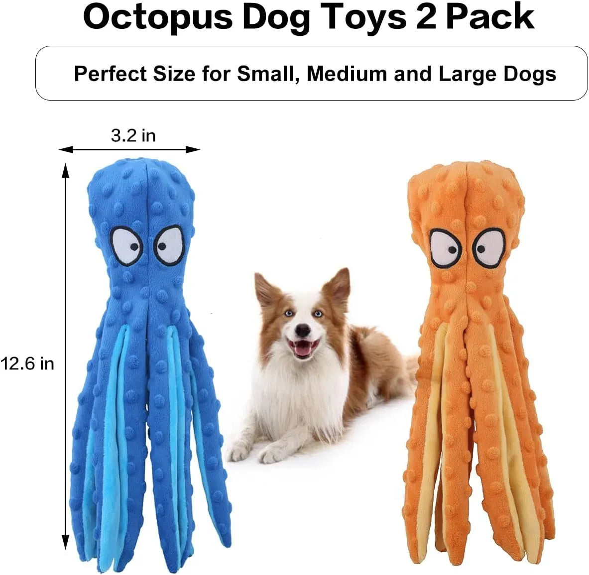 Blue octopus-shaped dog toy with tentacles, no stuffing, suitable for chewing and interactive play