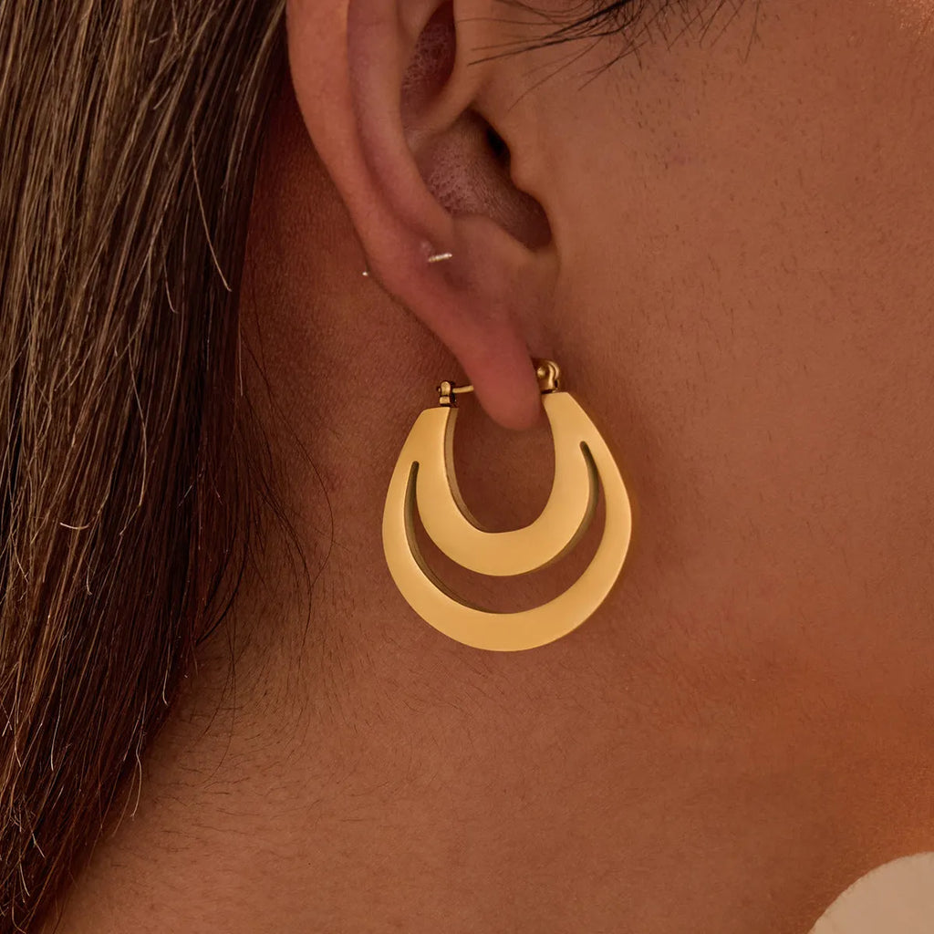Geometric French earrings gold plated and steel plated minimalist jewellery with round ring elements