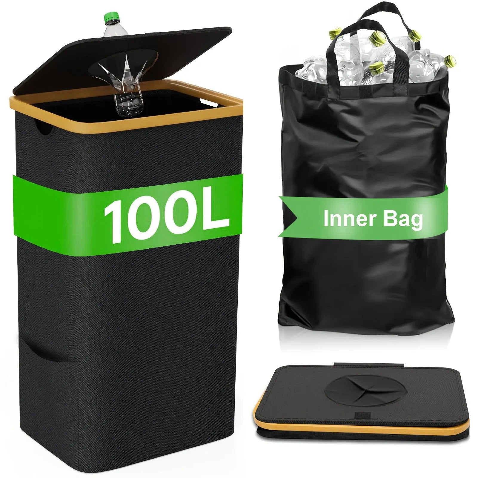 Black bamboo laundry basket with lid, removable recycling compartment, ventilation holes, and double inner pockets