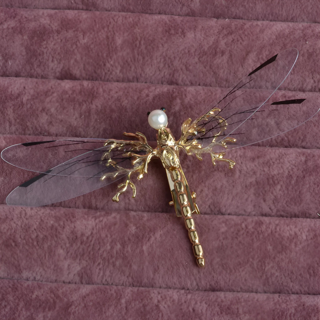 Golden dragonfly side clip headdress for women with alloy construction and electroplated finish