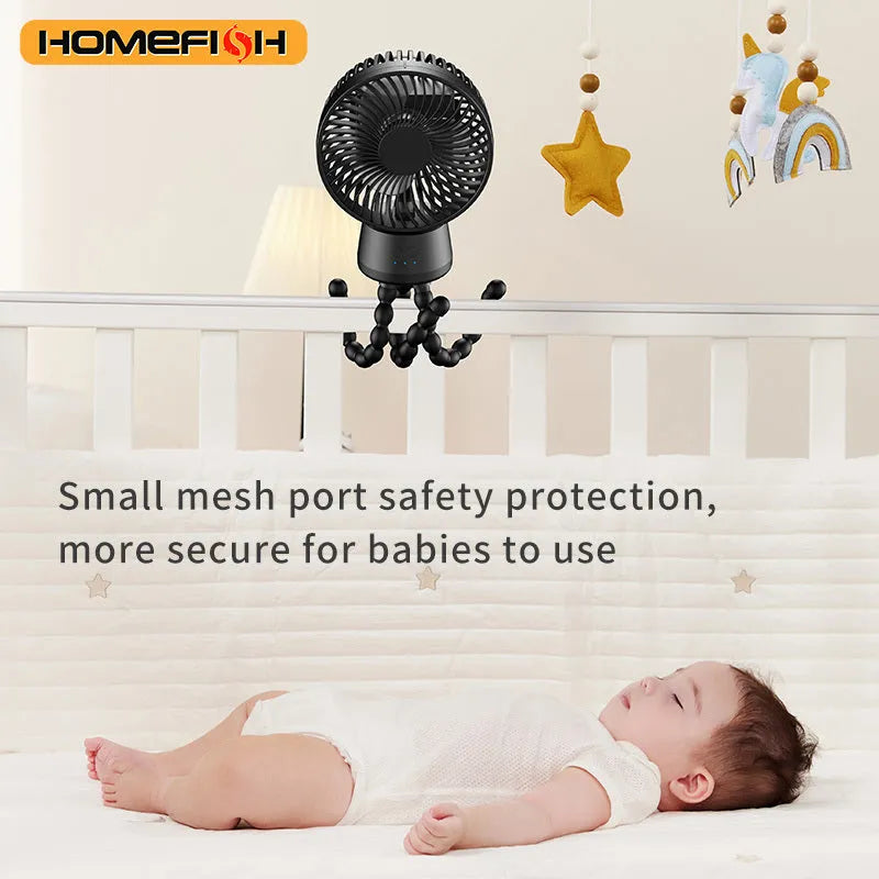 HOMEFISH F2 portable fan with automatic head shake, LED light, and removable mounting bracket.