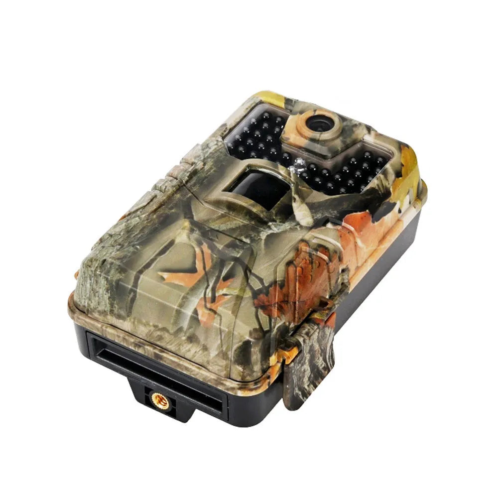 Camouflaged outdoor hunting camera with infrared LEDs, showing compact size for discreet placement.