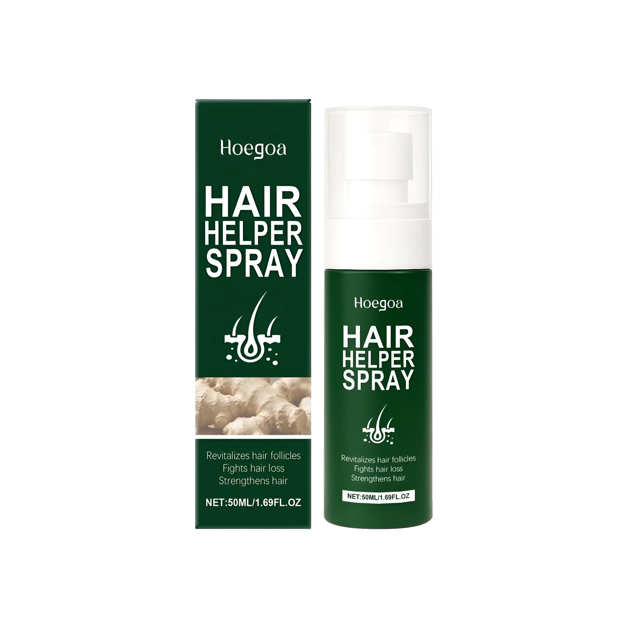 Hair Helper Spray bottle, 50ml capacity, with a fine mist nozzle for hair application.