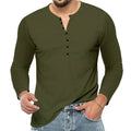 Men's breathable polyester long sleeve henley t-shirt in army green with henley neckline, front view