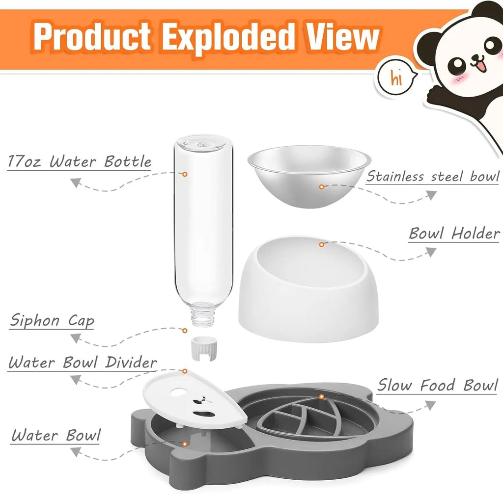 Grey panda-shaped automatic pet water dispenser and tilted food bowl set on a table.