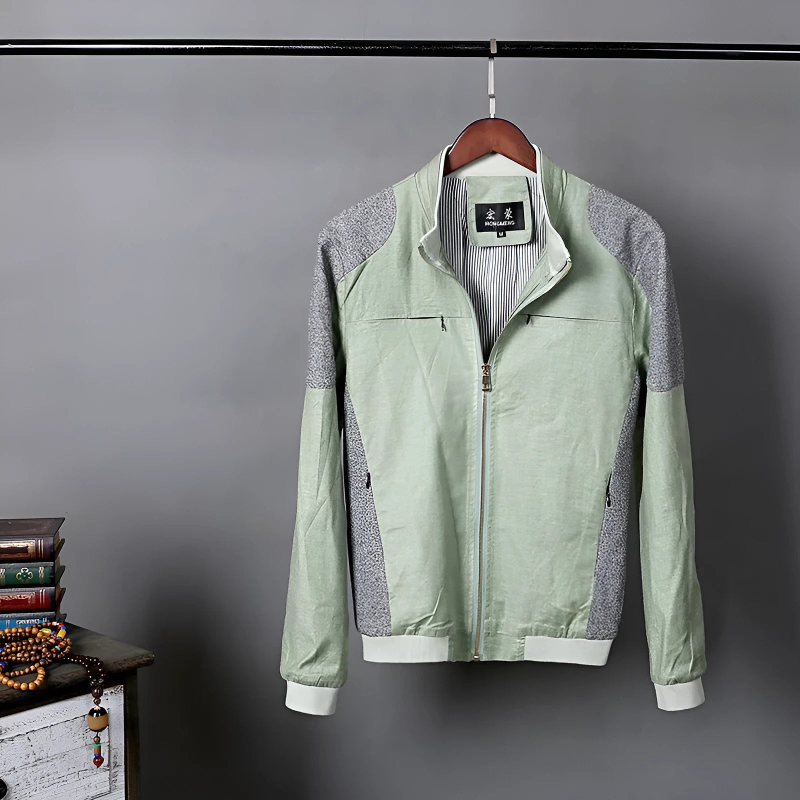 Men's thin cotton linen jacket in blue, grass green, or heather gray on a hanger.