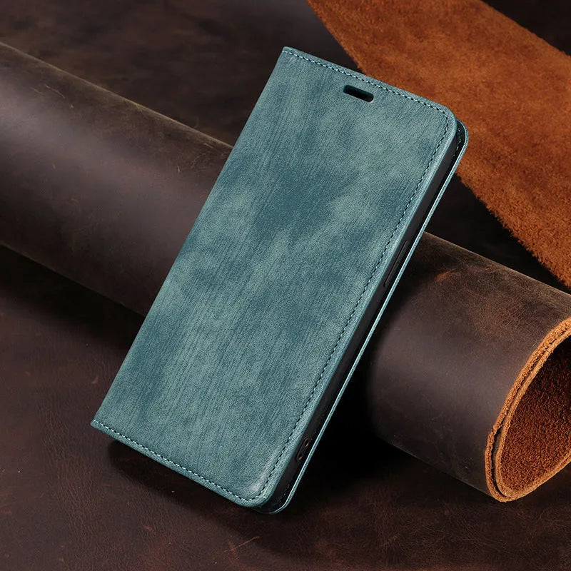 Magnetic flip phone case in solid grey leather and TPU material compatible with various iPhone models