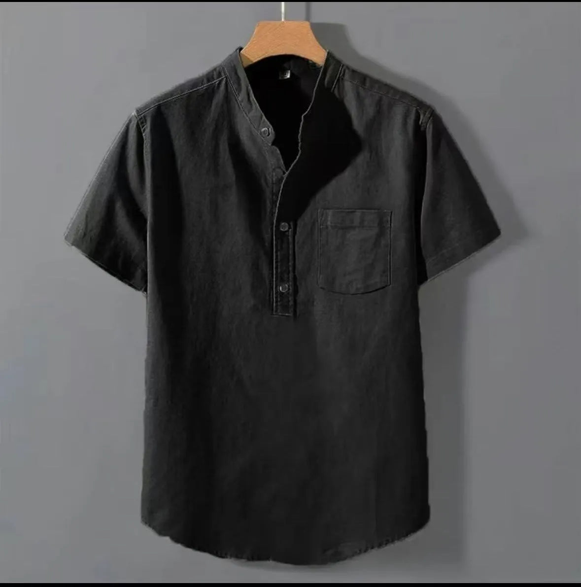 Men's beige casual stand collar short sleeve shirt made from slub linen blend fabric.