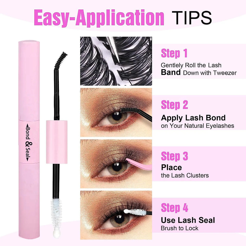 DIY mixed package of cluster false eyelashes showing 30D and 40D high-grade fibre lashes from 9mm to 16mm with tweezers.