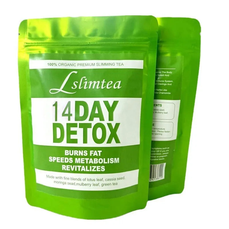 Box of 14-day herbal detox tea with 14 individual 3g sachets for weight loss.