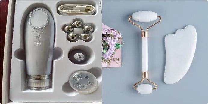 White jade double-headed facial roller and gua sha scraping tool set with a wooden storage board.