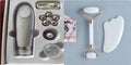 White jade double-headed facial roller and gua sha scraping tool set with a wooden storage board.