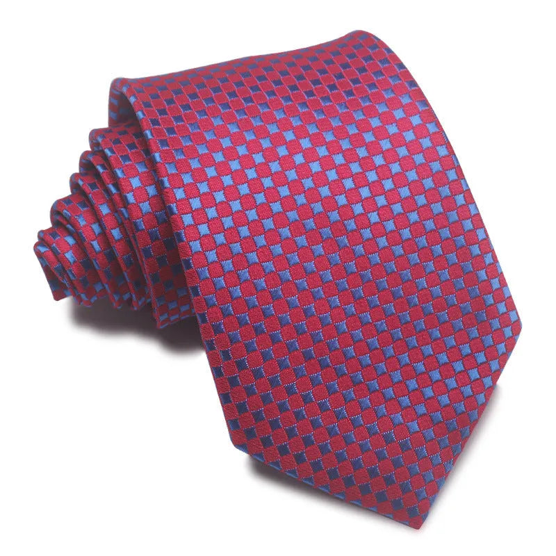 Man's red, black, and blue striped jacquard business tie with an 8cm width.