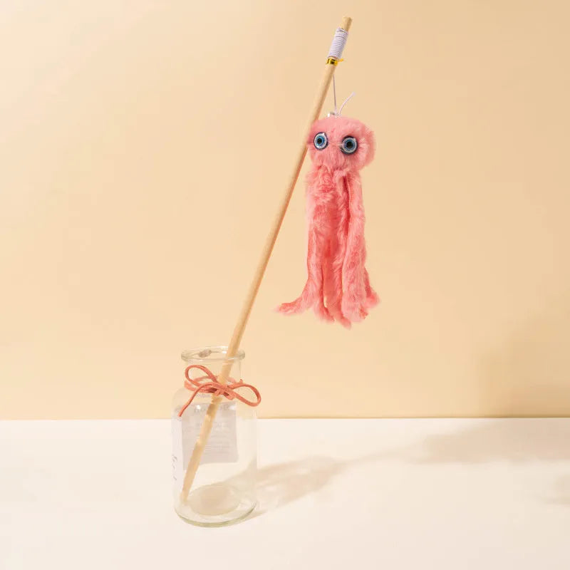 Furry octopus cat toy with eyes on 40cm long stick in pink colour for kitten play