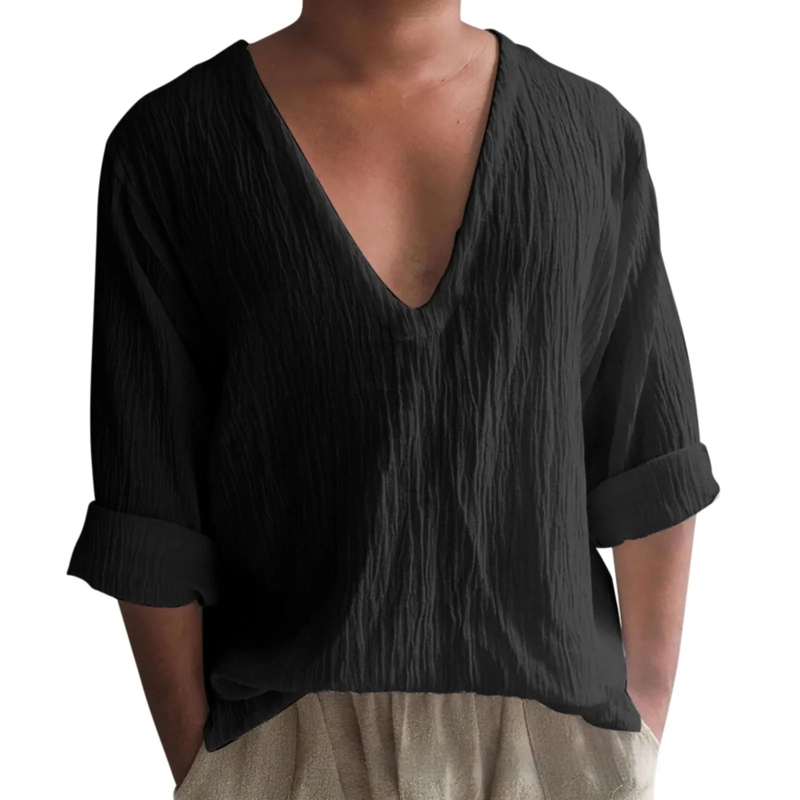 Men's washed cotton long sleeve V-neck T-shirt in solid colours on a size chart