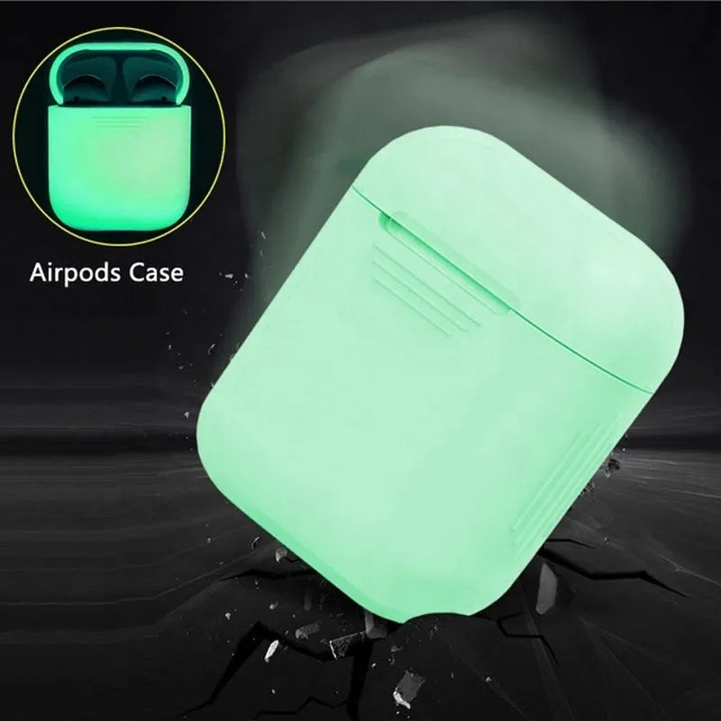 Luminous blue silicone flip-open protective case for Apple AirPods wireless earphones.