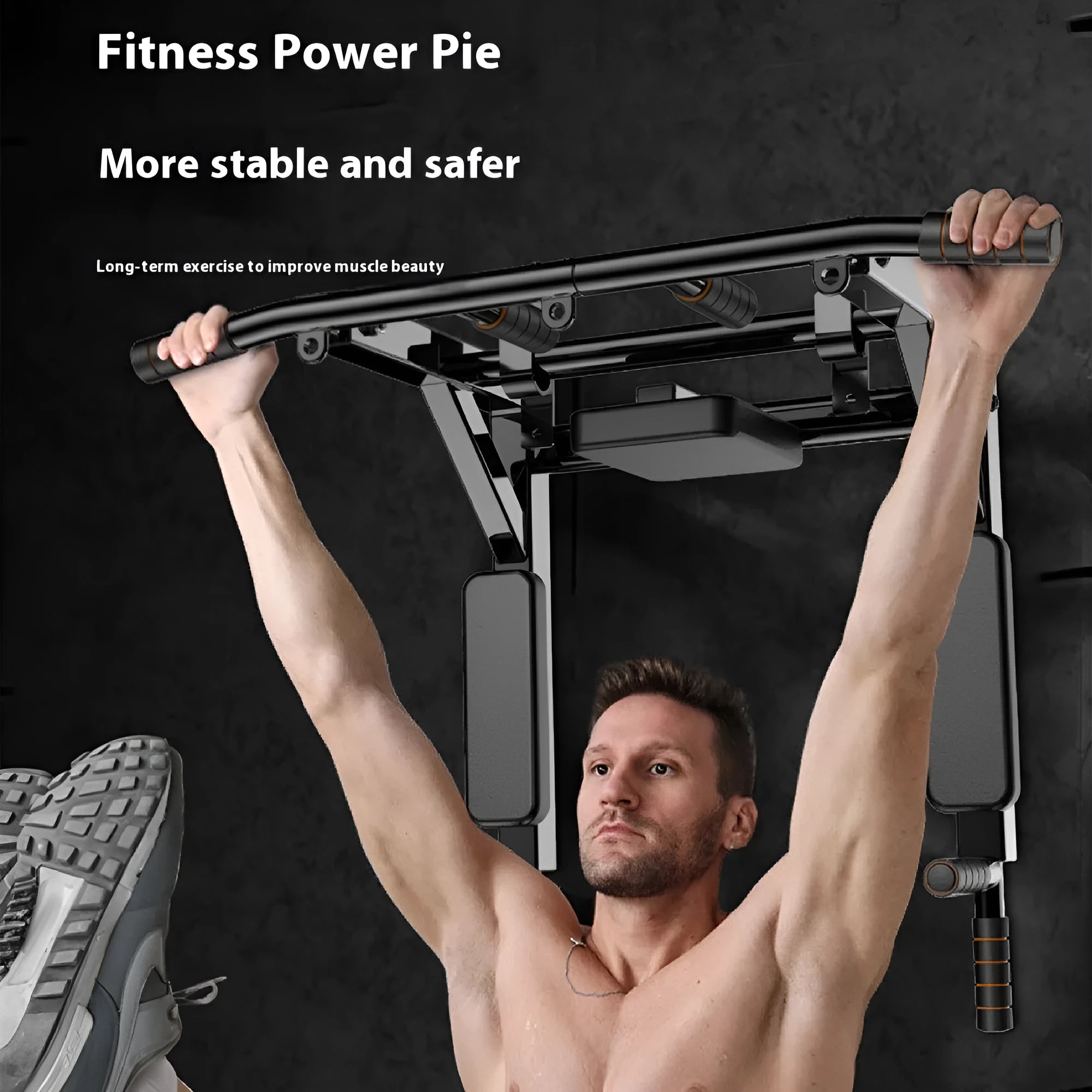 Black wall-mounted sandbag rack with integrated parallel pull-up bars for fitness training