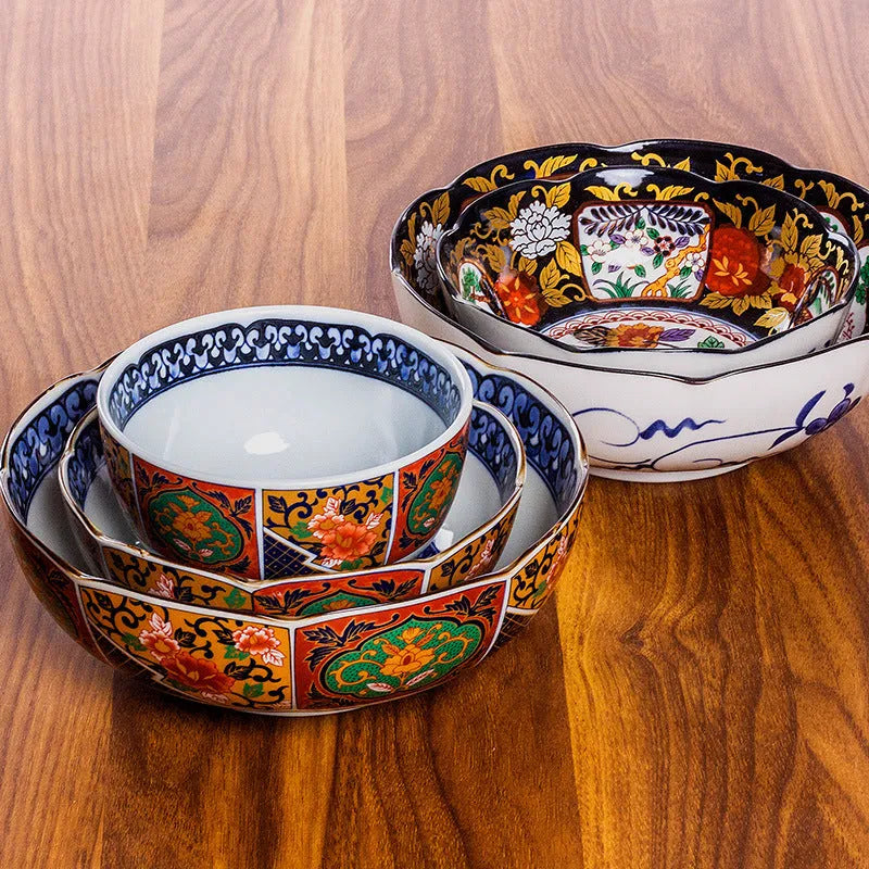 4-inch ceramic bowls with Japanese retro peony patterns in various colours including golden and green