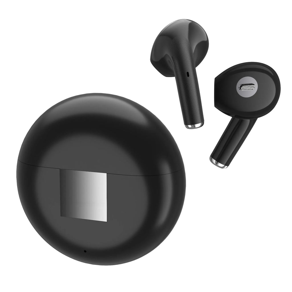 White Budz5 wireless Bluetooth earphones with charging case on a table