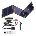 Black foldable 36W solar panel unfolded showing three monocrystalline cells with connection cables