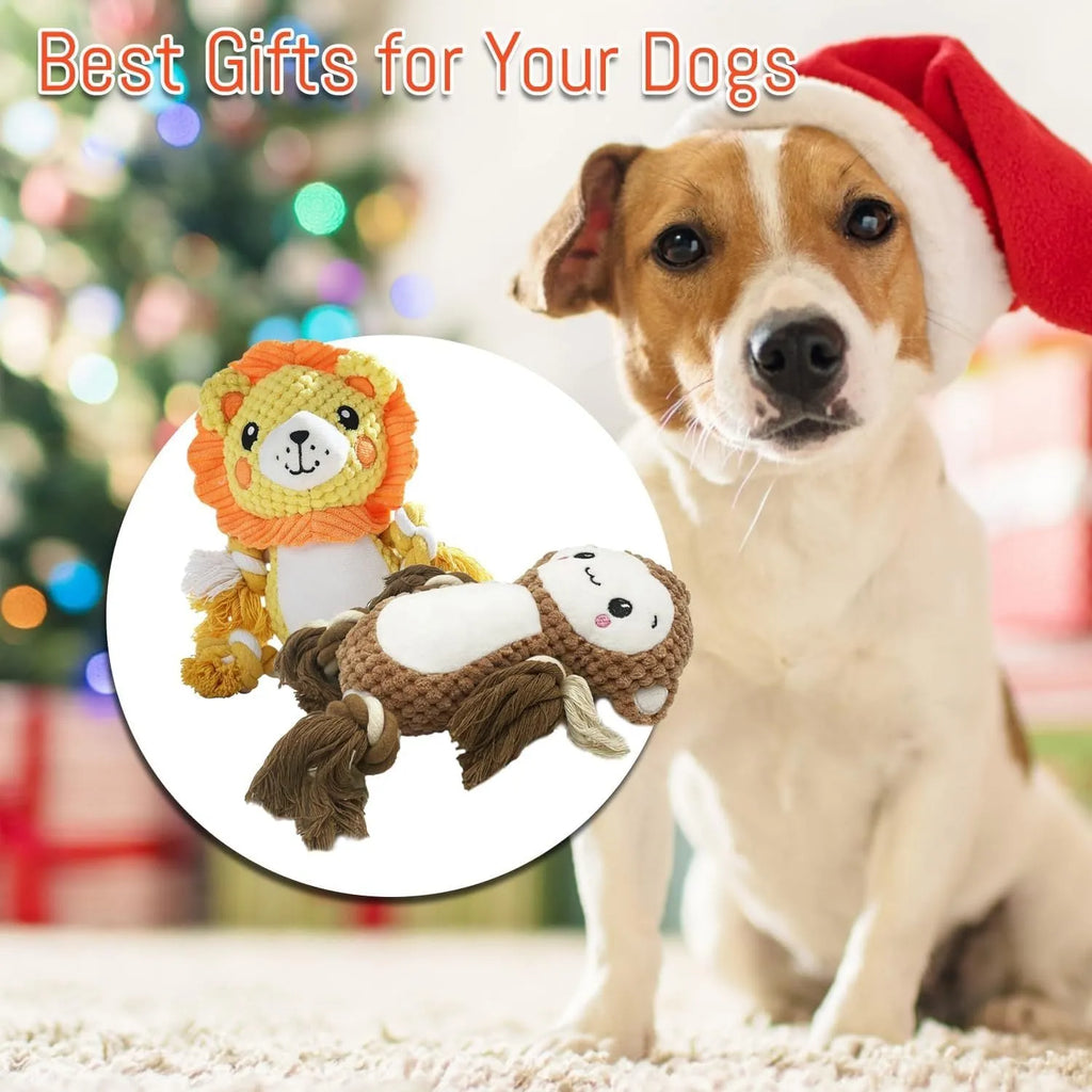 Plush squeaky dog toys assortment with lion and monkey designs for medium large dogs